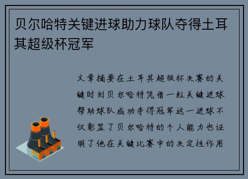 贝尔哈特关键进球助力球队夺得土耳其超级杯冠军