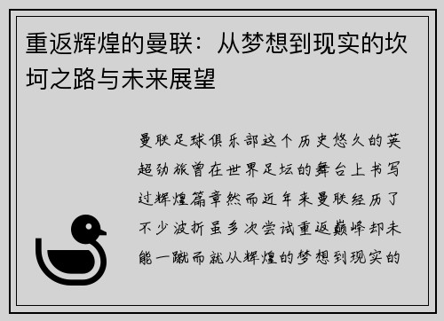 重返辉煌的曼联：从梦想到现实的坎坷之路与未来展望