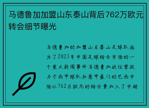 马德鲁加加盟山东泰山背后762万欧元转会细节曝光
