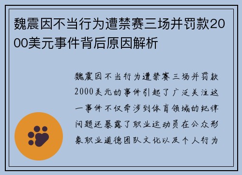 魏震因不当行为遭禁赛三场并罚款2000美元事件背后原因解析
